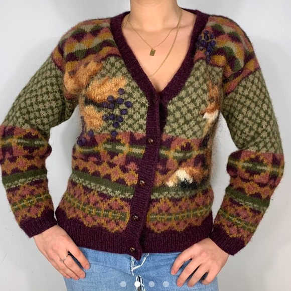 VINTAGE GRANDMA EARTHY TONES PATTERN BUTTONED DOWN KNIT SWEATER CARDIGAN - Picture 2 of 4